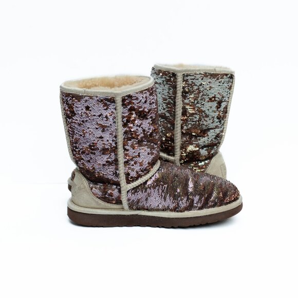 UGG Classic Short Copper/Silver Sparkle Boots Womens 7 Genuine Sheepskin Lining - Picture 7 of 14